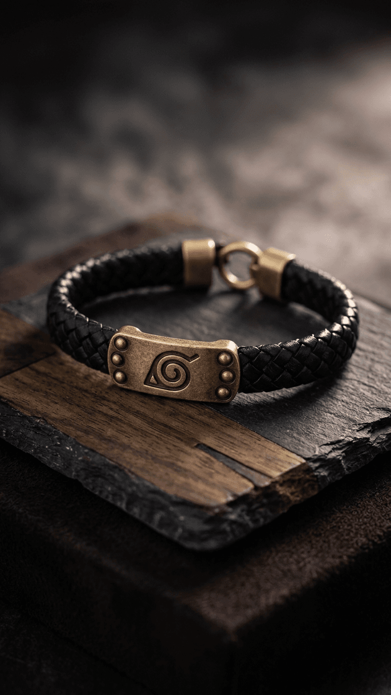 ​Bracelet Naruto – Cuir Noir Tressé & Plaque Bronze Antiqué Symbole Konoha